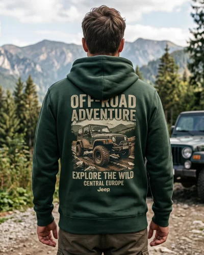 Olive green hoodie with Off-Road Adventure print