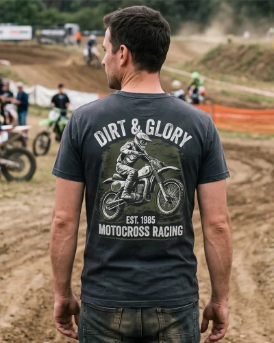 Šedé tričko s potiskem Dirt & Glory a motivem motocyklu
