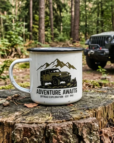 Plechový hrnek s potiskem Adventure Awaits a terénním vozem