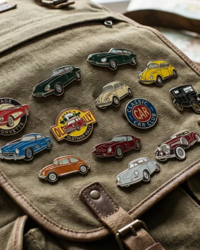 Collection of enamel pins with car motifs on a backpack