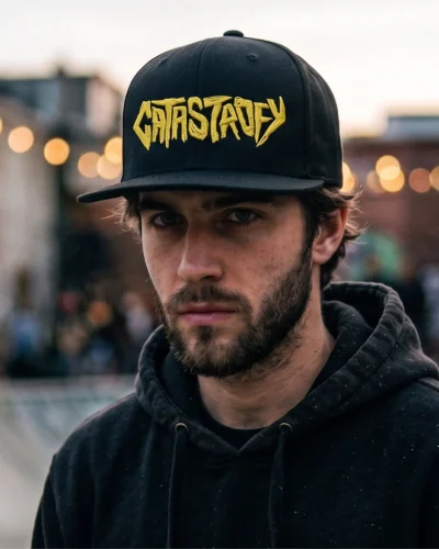 Bearded man in a black hoodie wearing a snapback cap with bold yellow embroidery