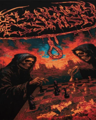 Detailed close-up of a screen print on black textile with a complex metal-style graphic. Depicts Death figures playing chess over a fiery landscape and a central noose.