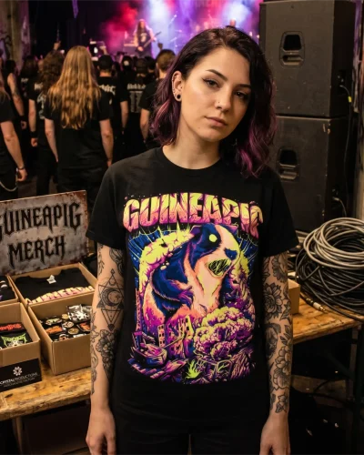 Tattooed woman at a concert wearing a black t-shirt with a bold, colorful Guineapig band print, standing next to a merch stand