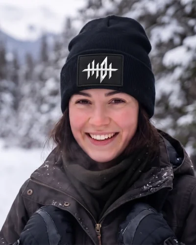 A smiling woman wearing a black knitted beanie with a white symbolic patch in a snowy forest.