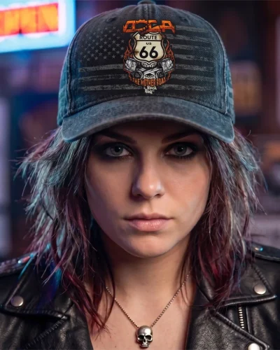 Woman in a leather jacket wearing a vintage cap with a Route 66 print
